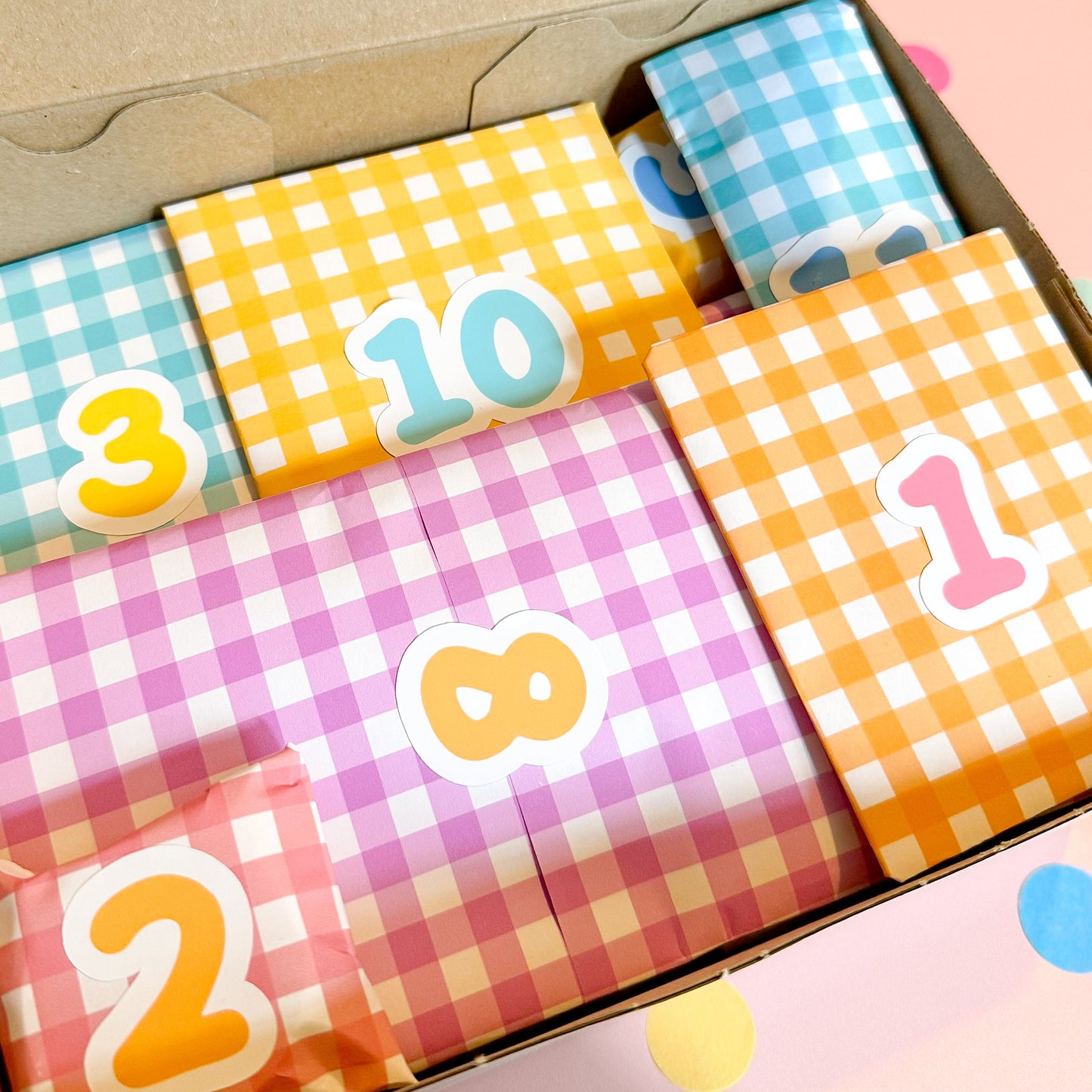 Colorful stationery items with numbers in a box advent calendar