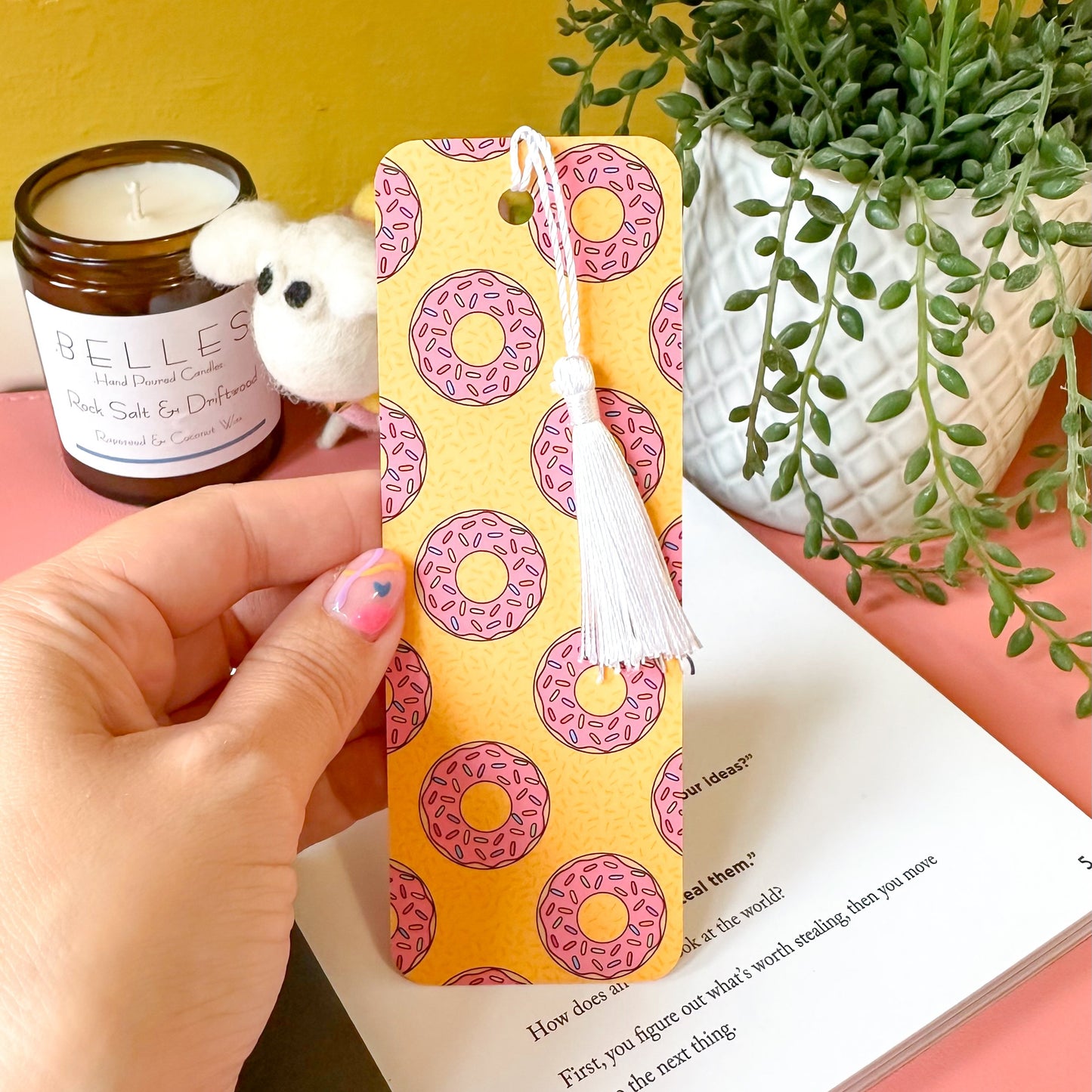donut bookmark on pink desk