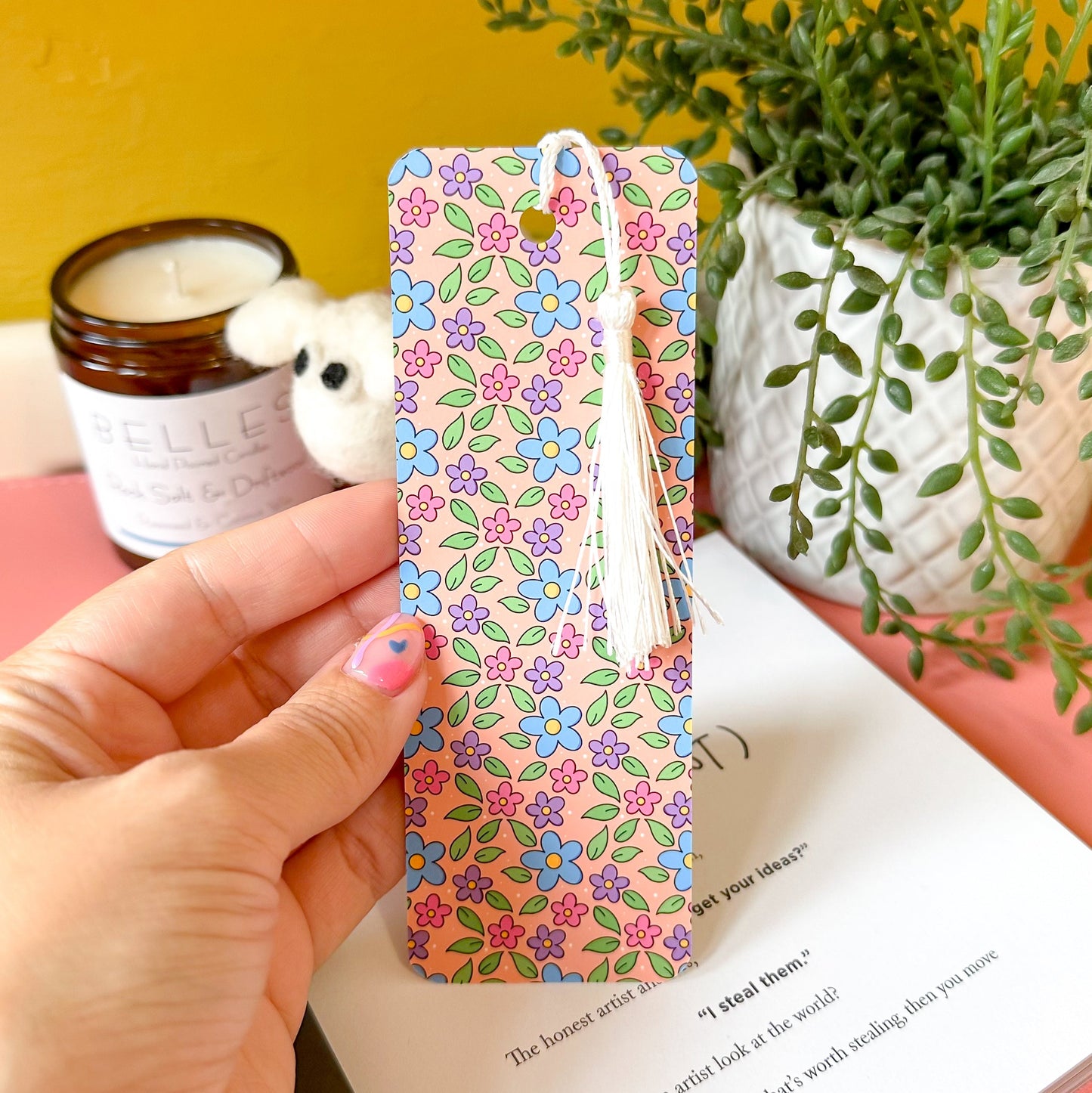 floral bookmark on desk
