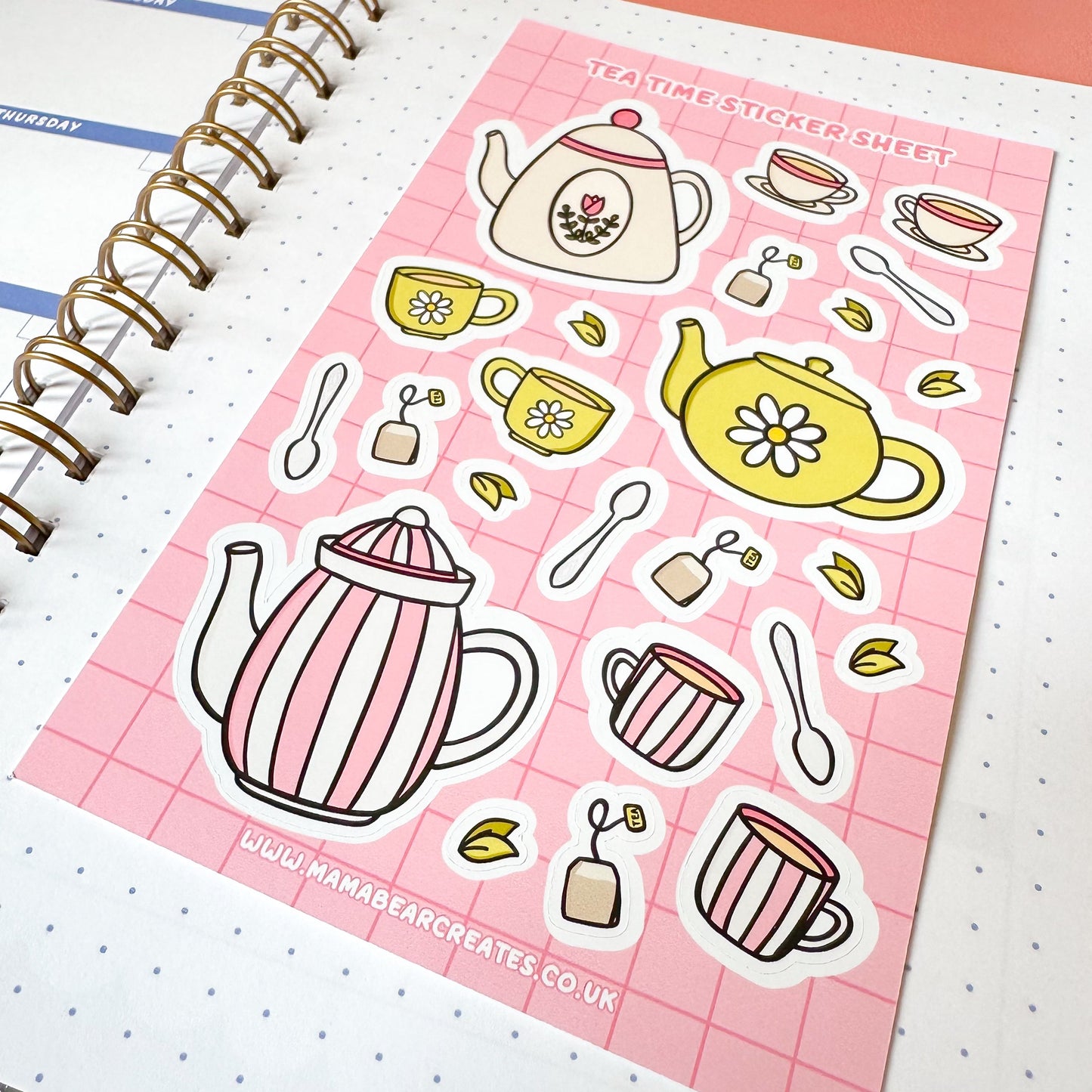 Sheet of tea-themed stickers on a planner page with a pink border.