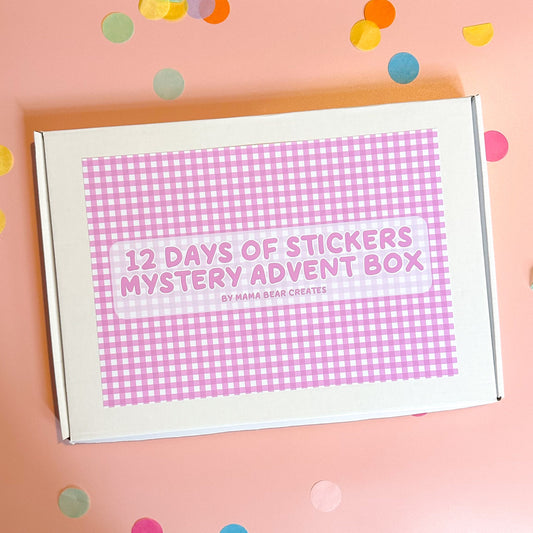 Mystery advent box with '12 Days of Stickers' text on a pink background with colorful confetti.