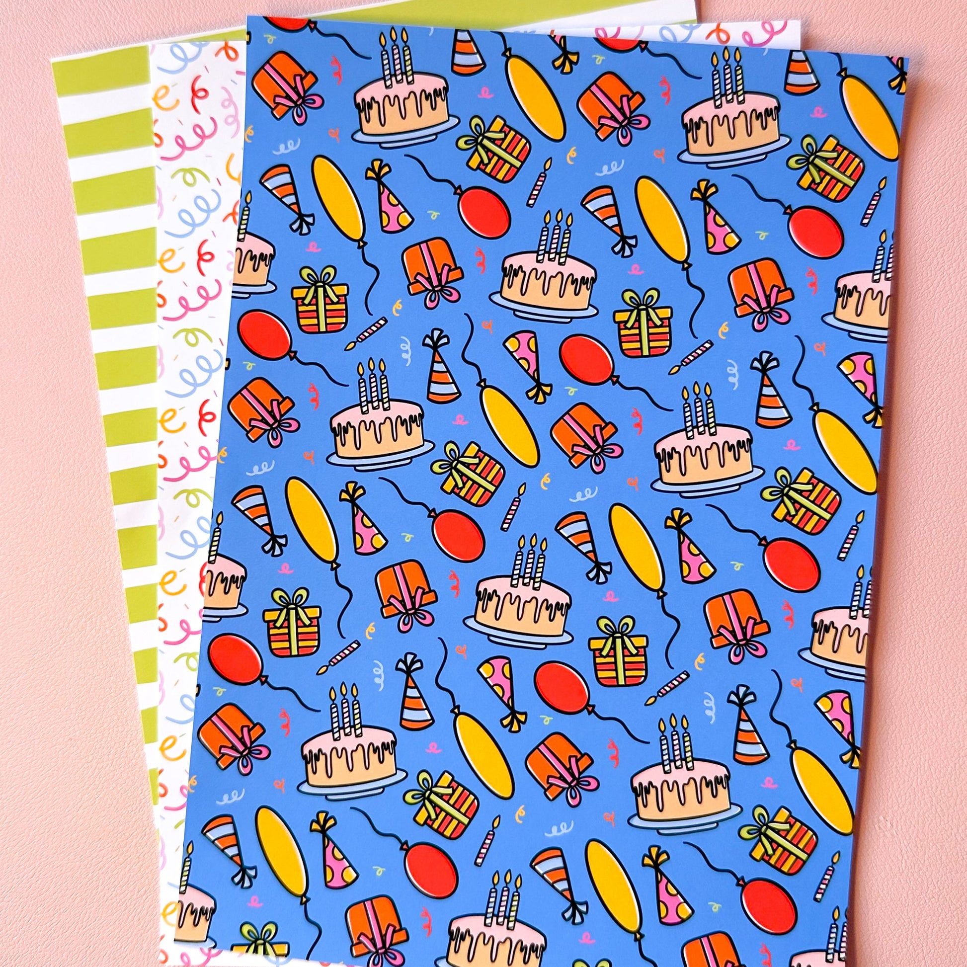 BIRTHDAY PATTERNED PAPERS ON DESK
