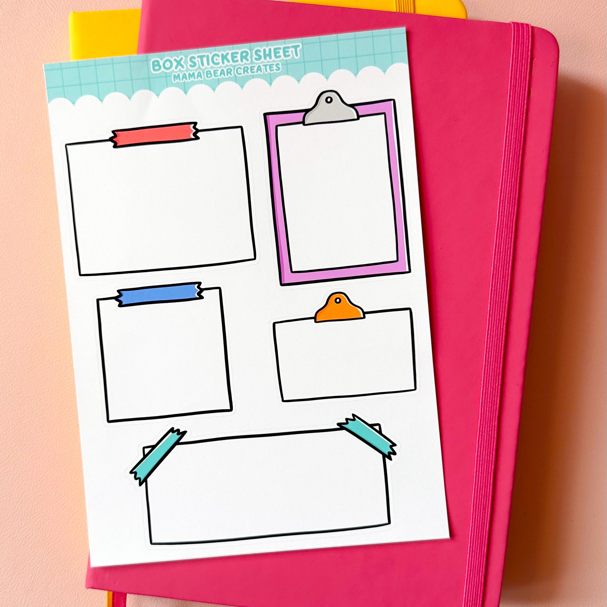 Sheet of colorful clipart frames on a pink notebook with a peach background