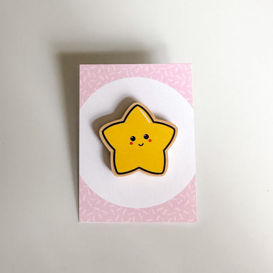 Smiley Star Wooden Pin Badge