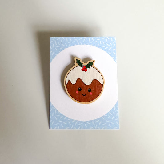 Christmas Pudding Wooden Pin Badge