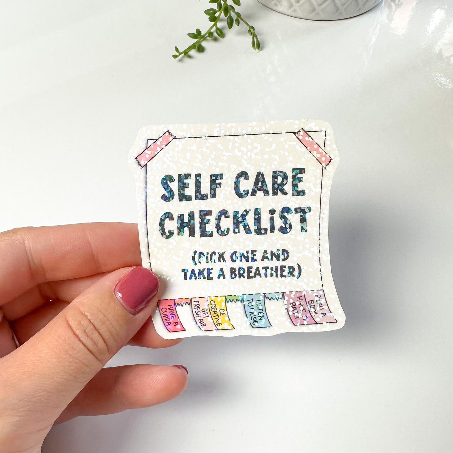 Self Care Glitter Vinyl Die Cut Sticker