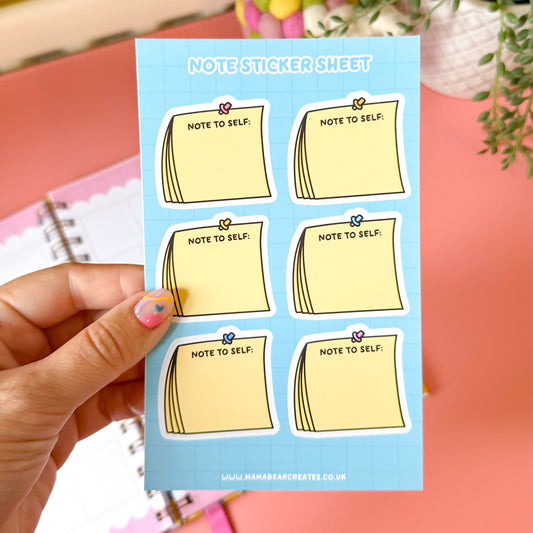 Sheet of 'Note to Self' stickers held by a hand with a pink background