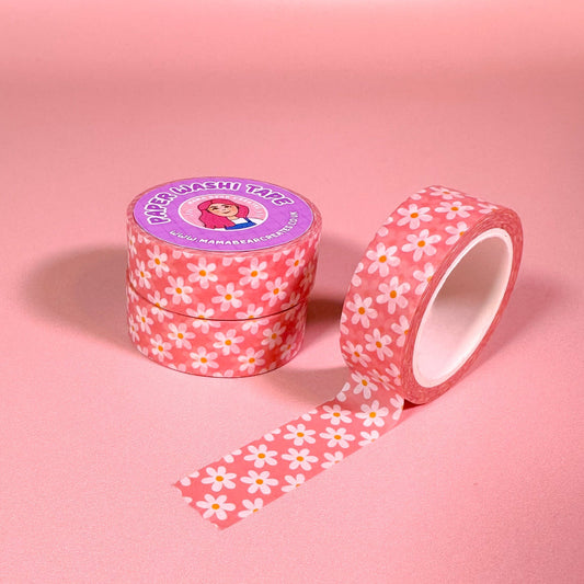 daisy-patterned washi tape with a pink background