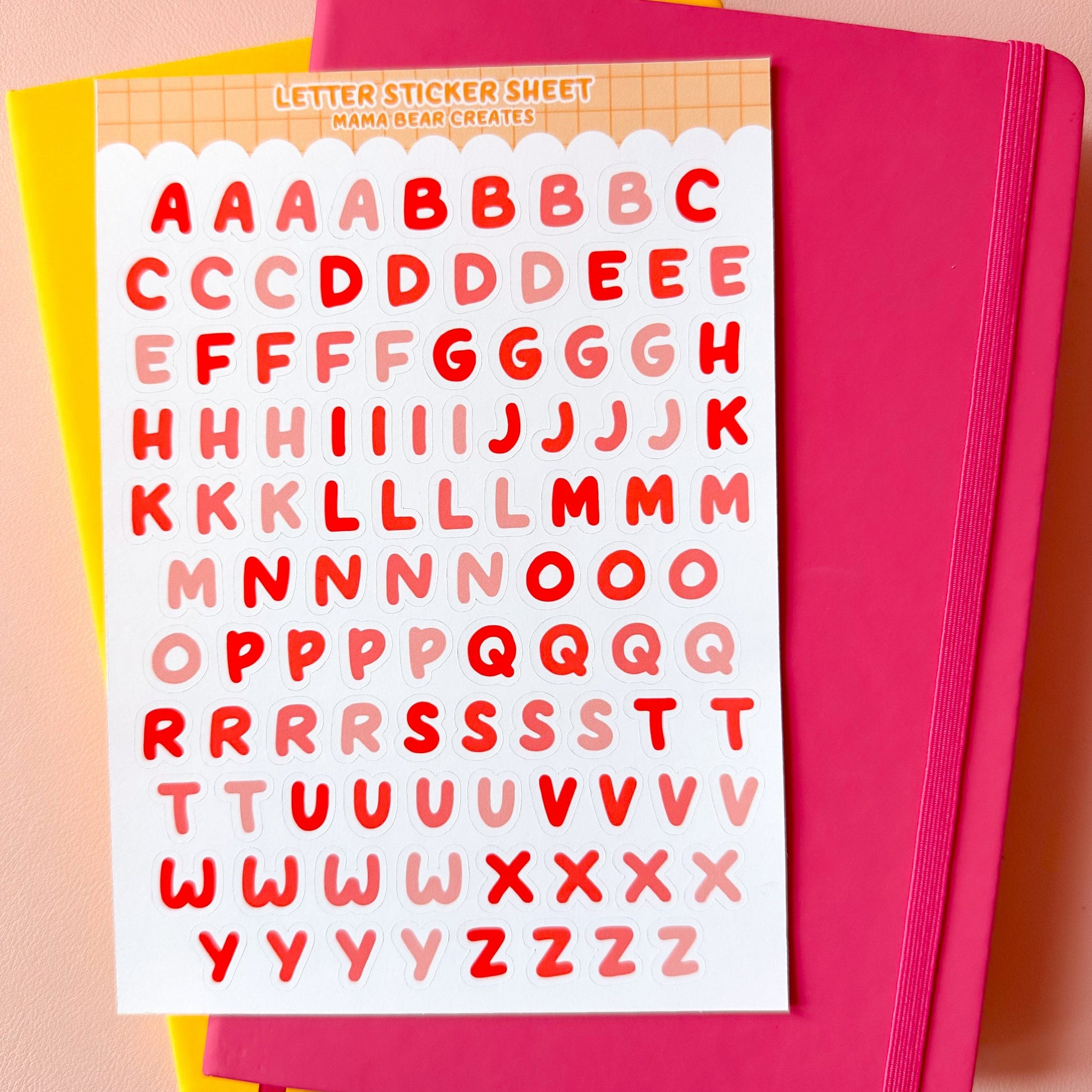 Letter sticker sheet with red gradient letters on a pink background