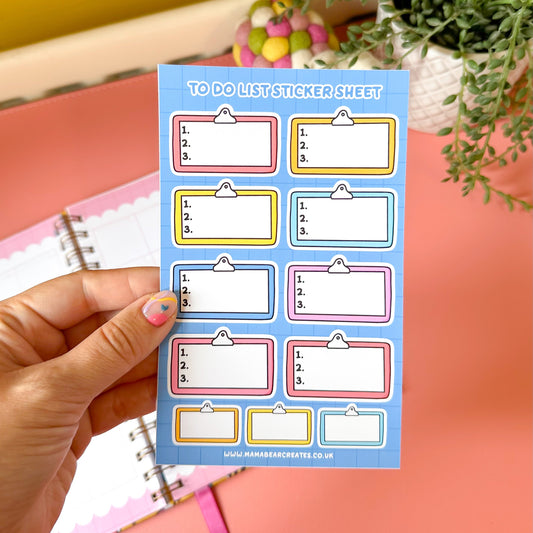 Sheet of to-do list stickers held by a hand with a colorful background