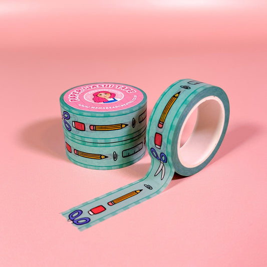 Turquoise decorative tape with stationery items design on a pink background