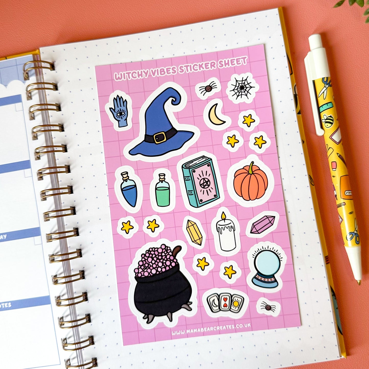 witchy vibes sticker sheet on a journal